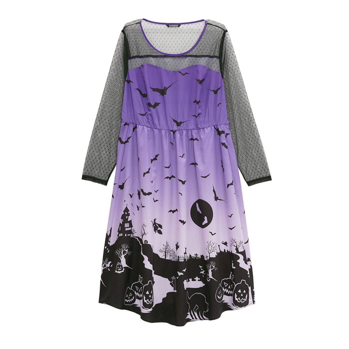 Plus Size Halloween Graphic Pocket Mesh Patchwork Dress Purple Women Elegant See through Round Neck Long Sleeve Curvy Midi Dress BloomChic 10/M Product Image