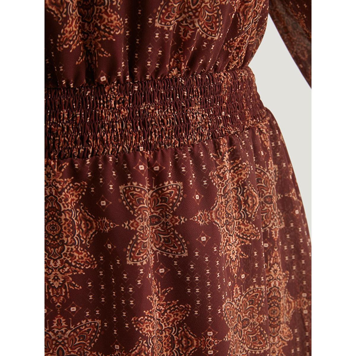 Plus Size Bandana Print Elastic Waist Flutter Trim Dress Scarlet Women Vacation Elastic cuffs V-neck Long Sleeve Curvy Midi Dress BloomChic 22-24/3X Product Image