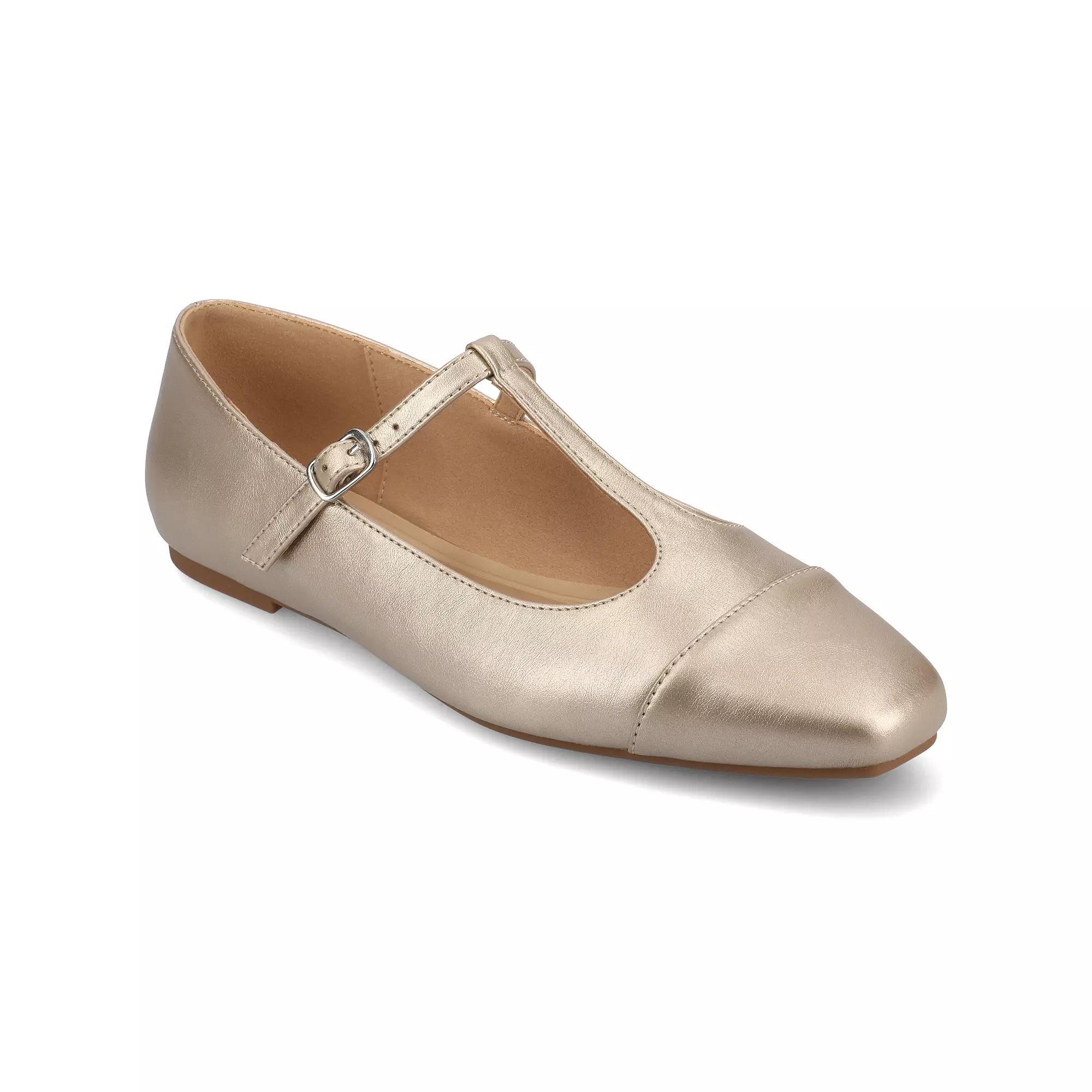 Journee Womens Theah Medium and Wide Width T-Strap Cap Toe Mary Jane Dress Flats Beige Product Image