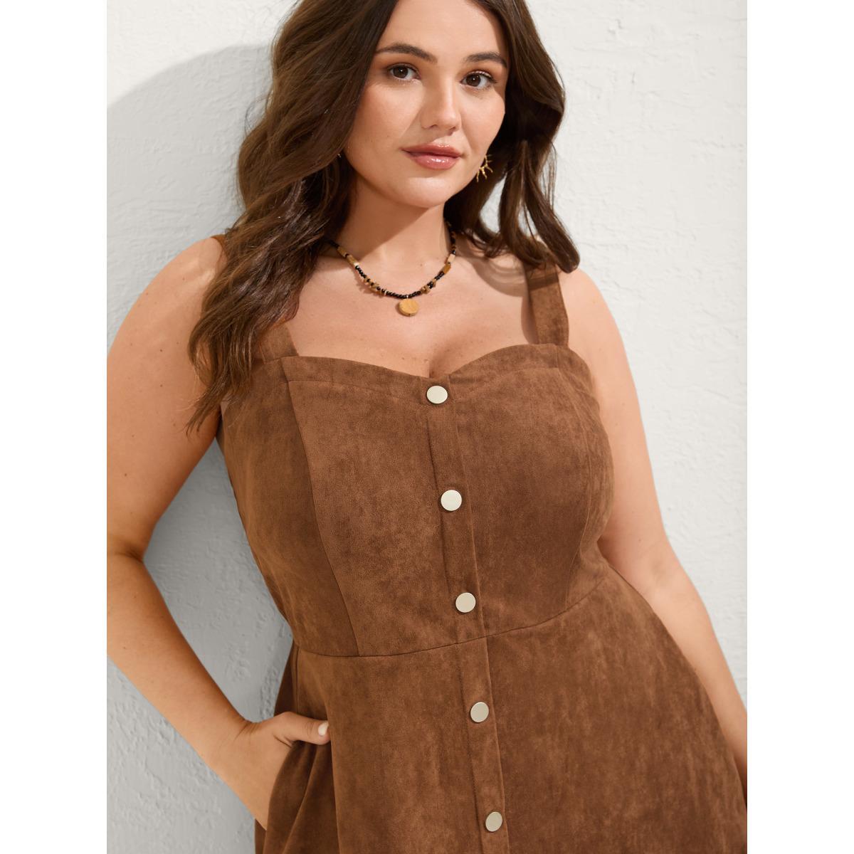 Plus Size Suede Button Placket Sweetheart Midi Dress Browncoffeecolor Women Square Neck Sleeveless Curvy BloomChic 28/5X Product Image