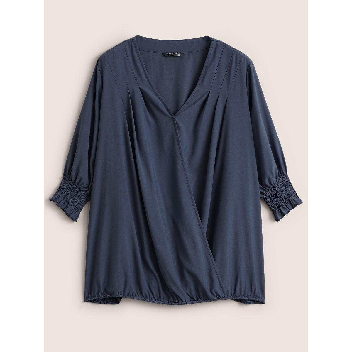 Plus Size Aegean Surplice Neck Shirred Sleeve Pleated Blouse Women Work From Home Half Sleeve Overlap Collar Work Blouses BloomChic 14-16/1X Product Image