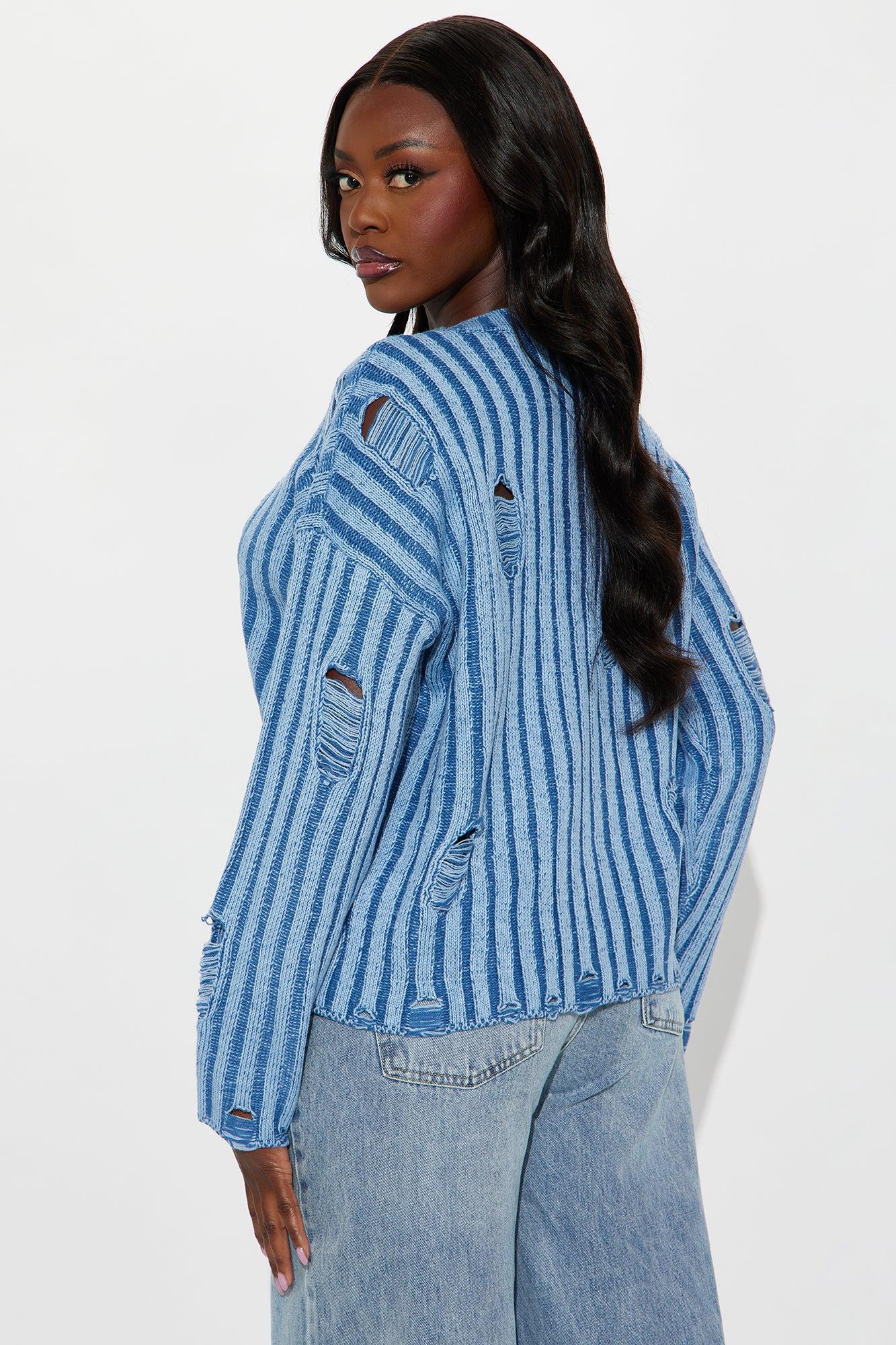 In A Mood Distressed Sweater - Blue Product Image