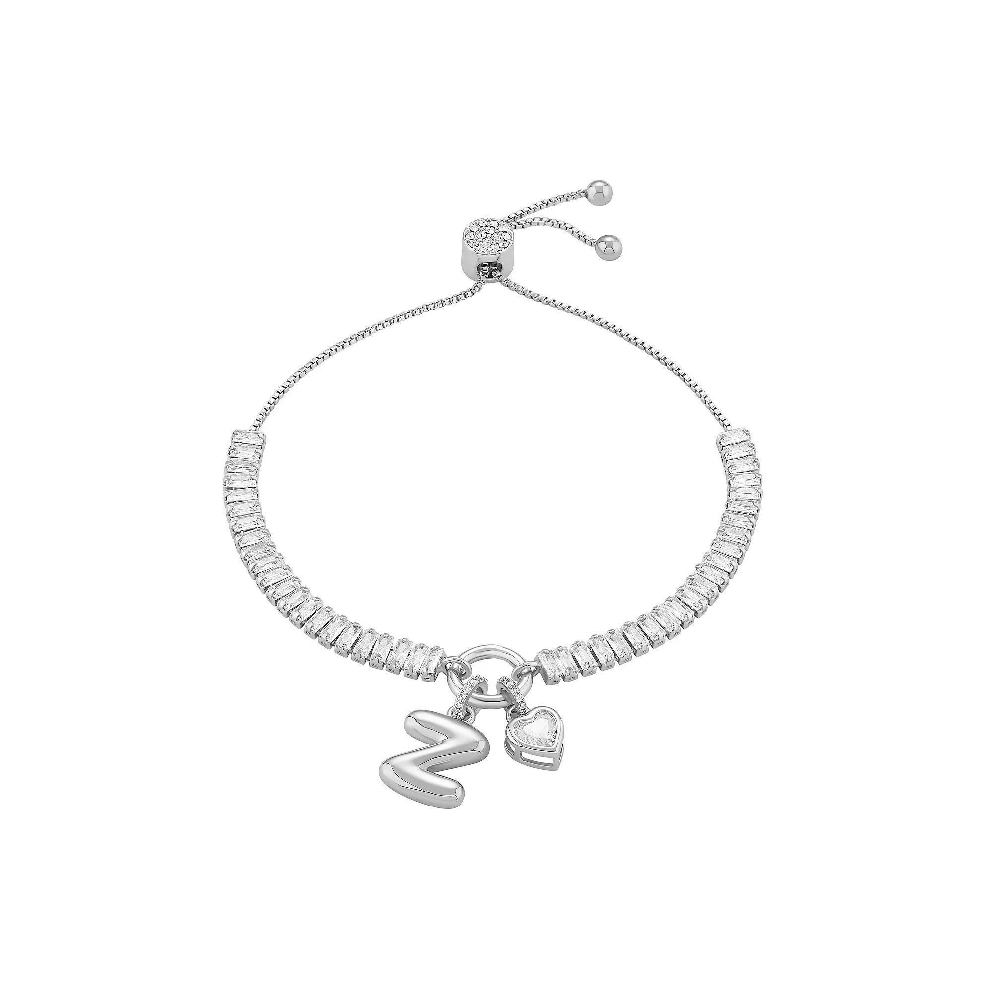 Brilliance Cubic Zirconia Heart & Polished Bubble Initial Charm Adjustable Bracelet, Women's, Size: 4-10" ADJ, Silver Tone Z Product Image