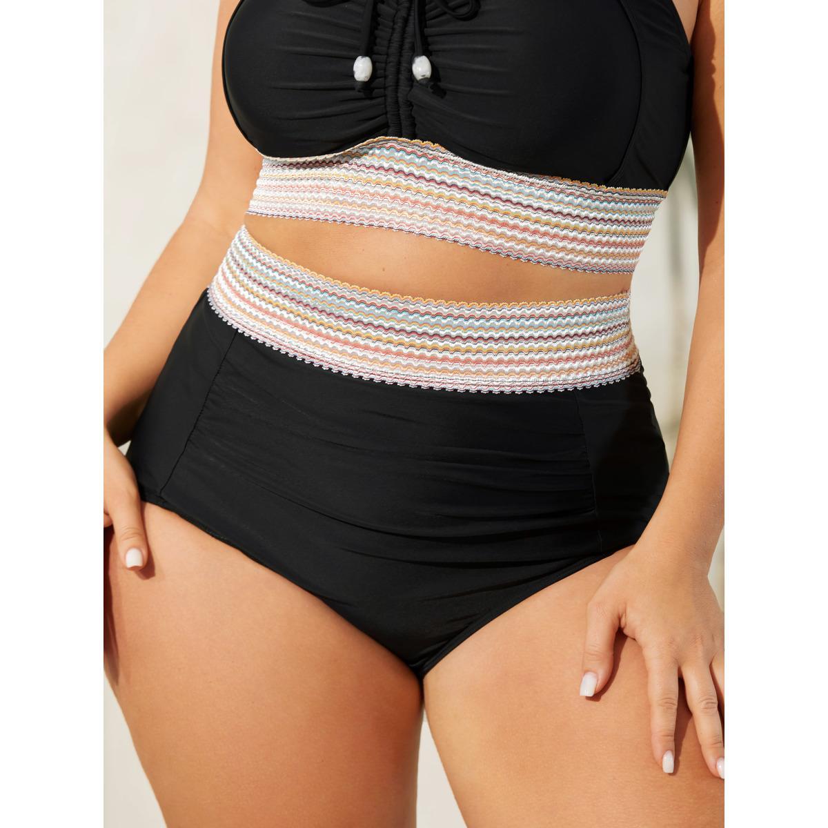 Plus Size Contrast Waistband Ruched Fitted Swim Bottoms Women's Swimwear Black Beach Woven ribbon&lace trim High stretch Skinny Mid Rise Curve Swim Bottoms BloomChic 26/4X Product Image