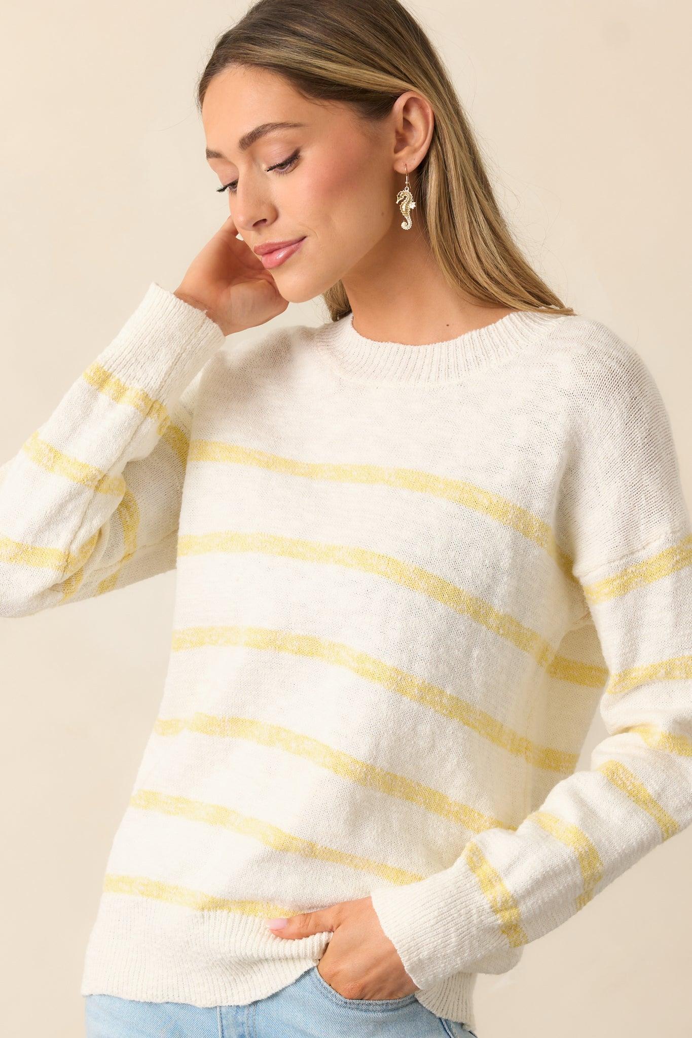 My Day Off Ivory & Yellow Cotton Stripe Sweater Product Image