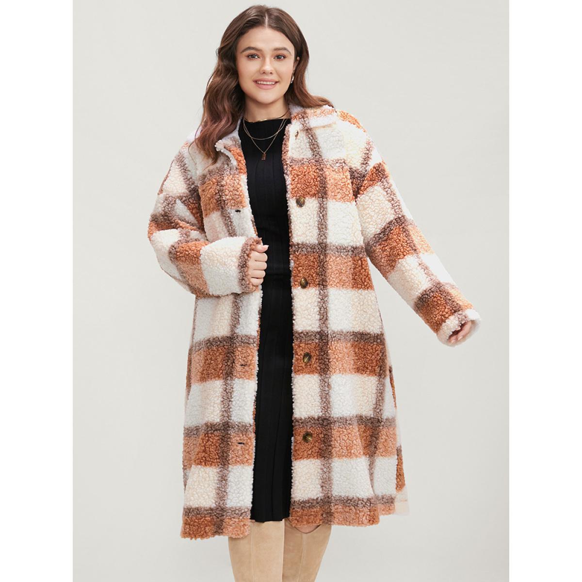 Plus Size Plaid Pocket Button Up Teddy Coat Women Multicolor Casual Button Loose Ladies Dailywear Winter Coats BloomChic 28/5X Product Image