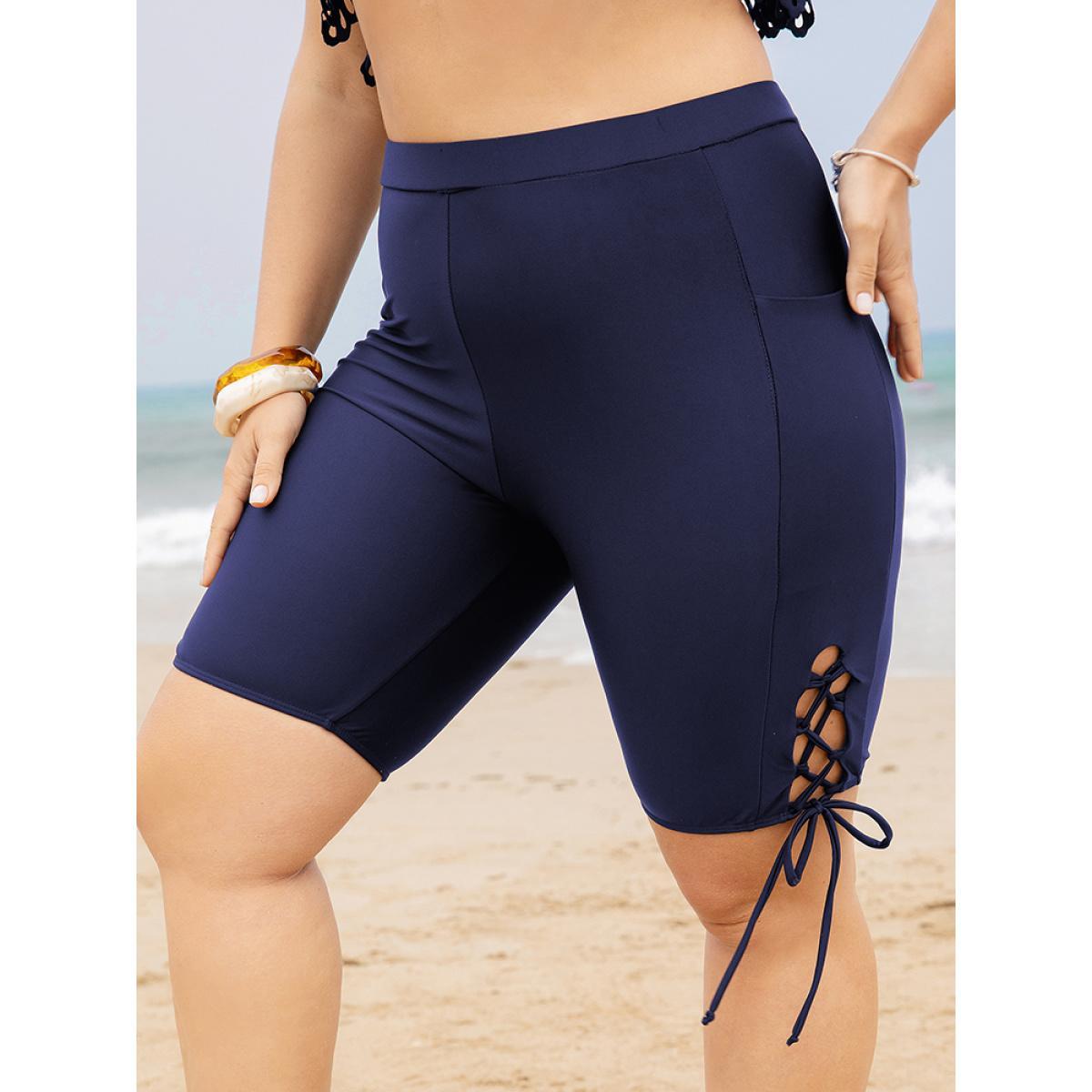 Plus Size Pocket High Waist Lace Up Side Swim Shorts Women's Swimwear Indigo Vacation Plain High stretch Skinny High Rise Pocket Curve Swim Bottoms BloomChic 10/M Product Image