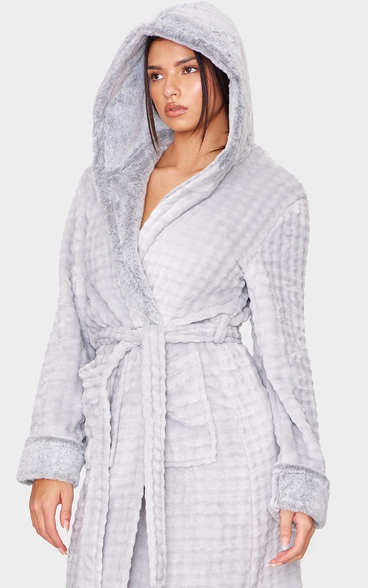 Grey Stripe Faux Fur Trim Hooded Bath Robe Product Image