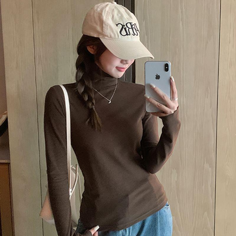 Turtleneck Long Sleeve Plain T-Shirt Product Image