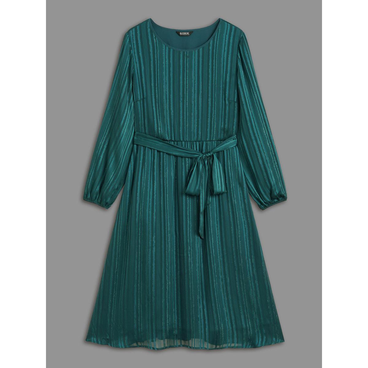 Plus Size Shimmery Silver Thread Waist-Tie Midi Dress Teal Women Cocktail Texture Round Neck Long Sleeve Curvy BloomChic 14-16/1X Product Image