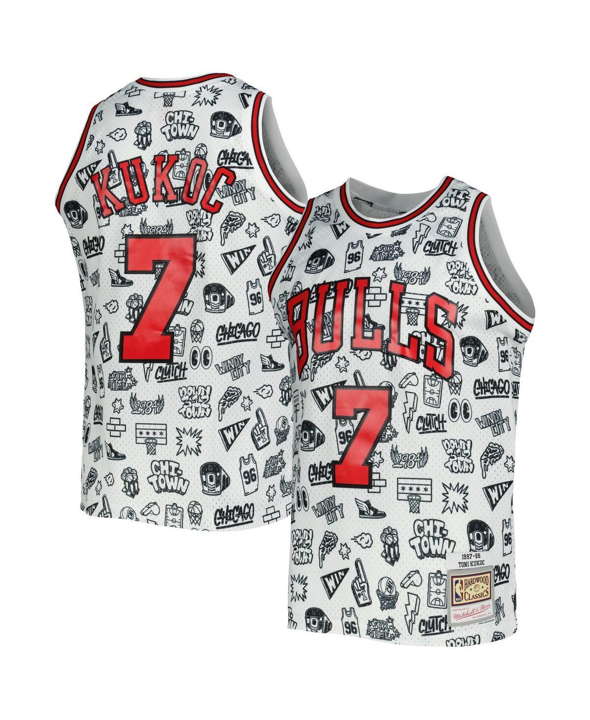 Men's Mitchell & Ness Toni Kukoc White Chicago Bulls 1997-98 Hardwood Classics Doodle Swingman Jersey, Size: Small Product Image