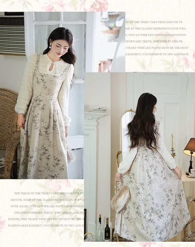 Mock Two-Piece Long-Sleeve Mandarin Collar Floral Frog Panel Button Midi A-Line Dress Product Image