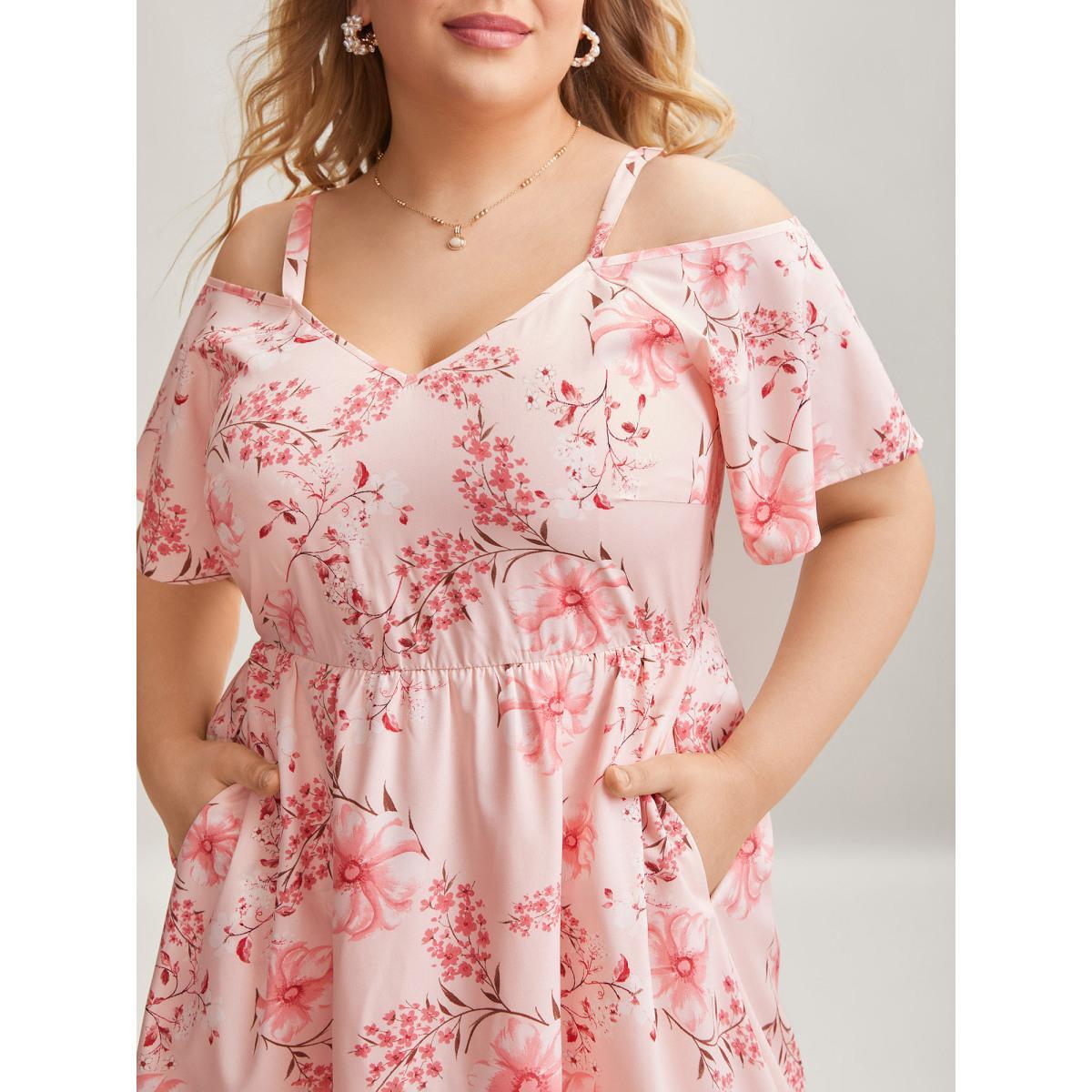 Plus Size Floral Print Cold-Shoulder Pockets Midi Dress Lightpink Women Elegant Non Heart neckline Short sleeve Curvy BloomChic 18-20/2X Product Image