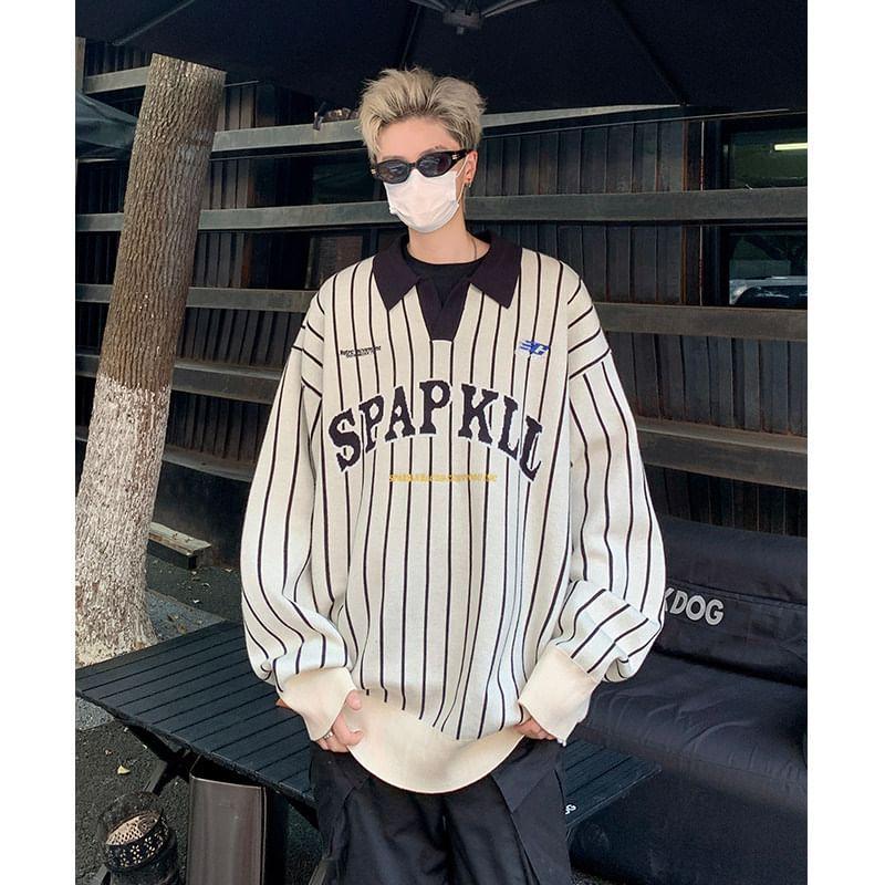 Open Placket Lettering Striped Polo Sweater Product Image