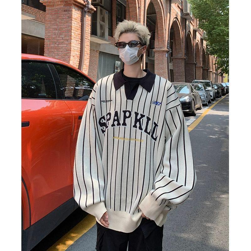 Open Placket Lettering Striped Polo Sweater Product Image