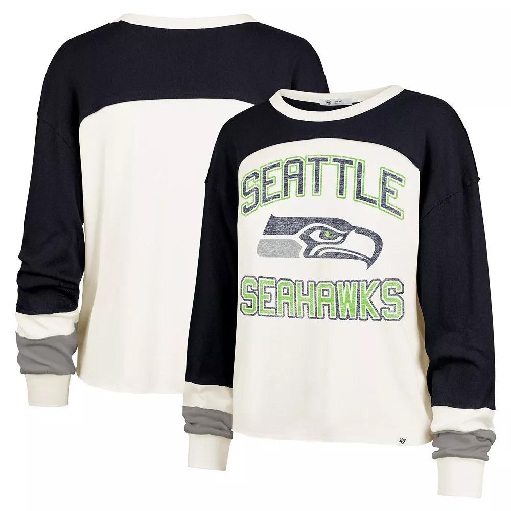 Women's '47 Cream Seattle Seahawks Double Header Curve Raglan Long Sleeve Crop Top, Size: XL, Beige Product Image