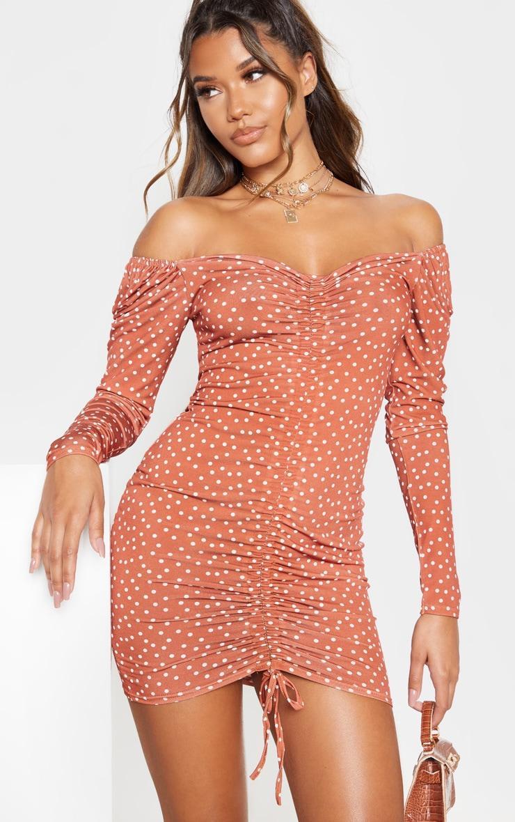 Terracotta Polka Dot Print Ruched Front Long Sleeve Bodycon Dress Product Image