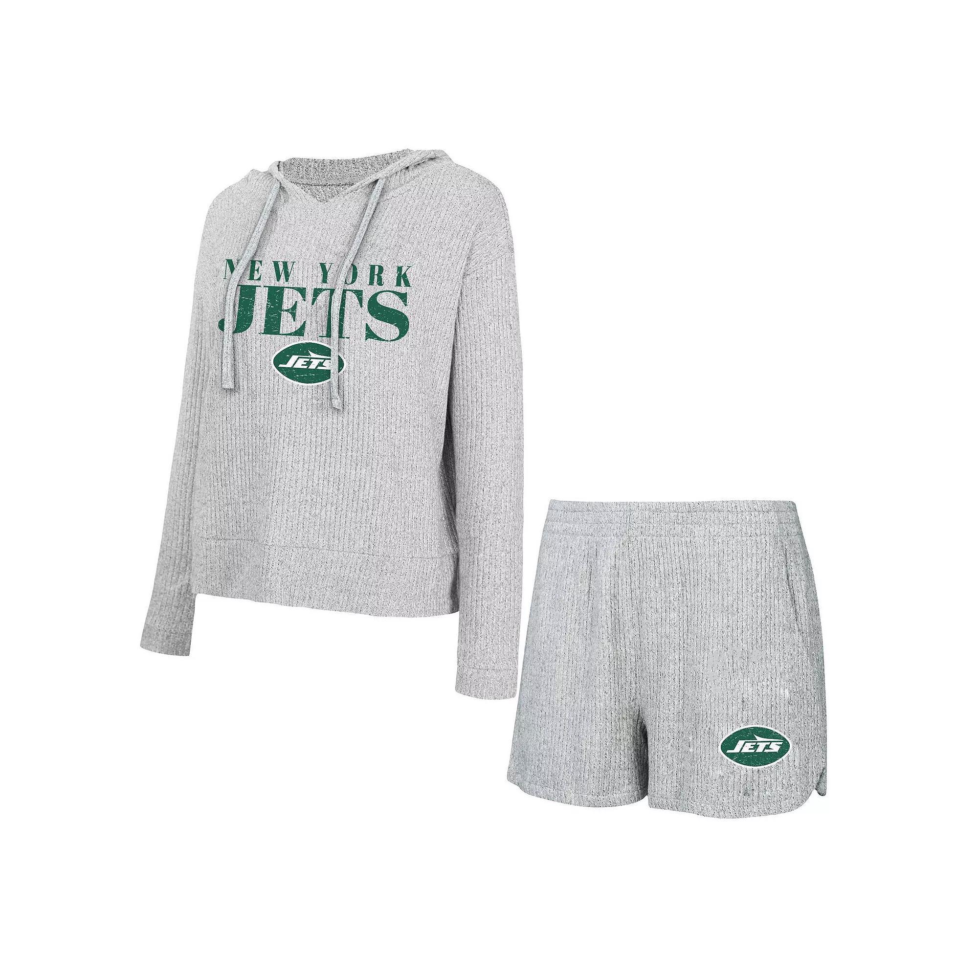 Women's Concepts Sport Gray New York Jets Juniper Long Sleeve Hoodie T-Shirt & Shorts Set, Size: Medium, Grey Product Image