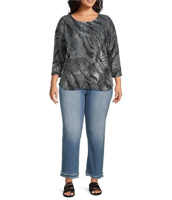 Leo & Nicole Plus Size Jacquard Multi Color Print Crew Neck 3/4 Dolman Sleeve Top Product Image