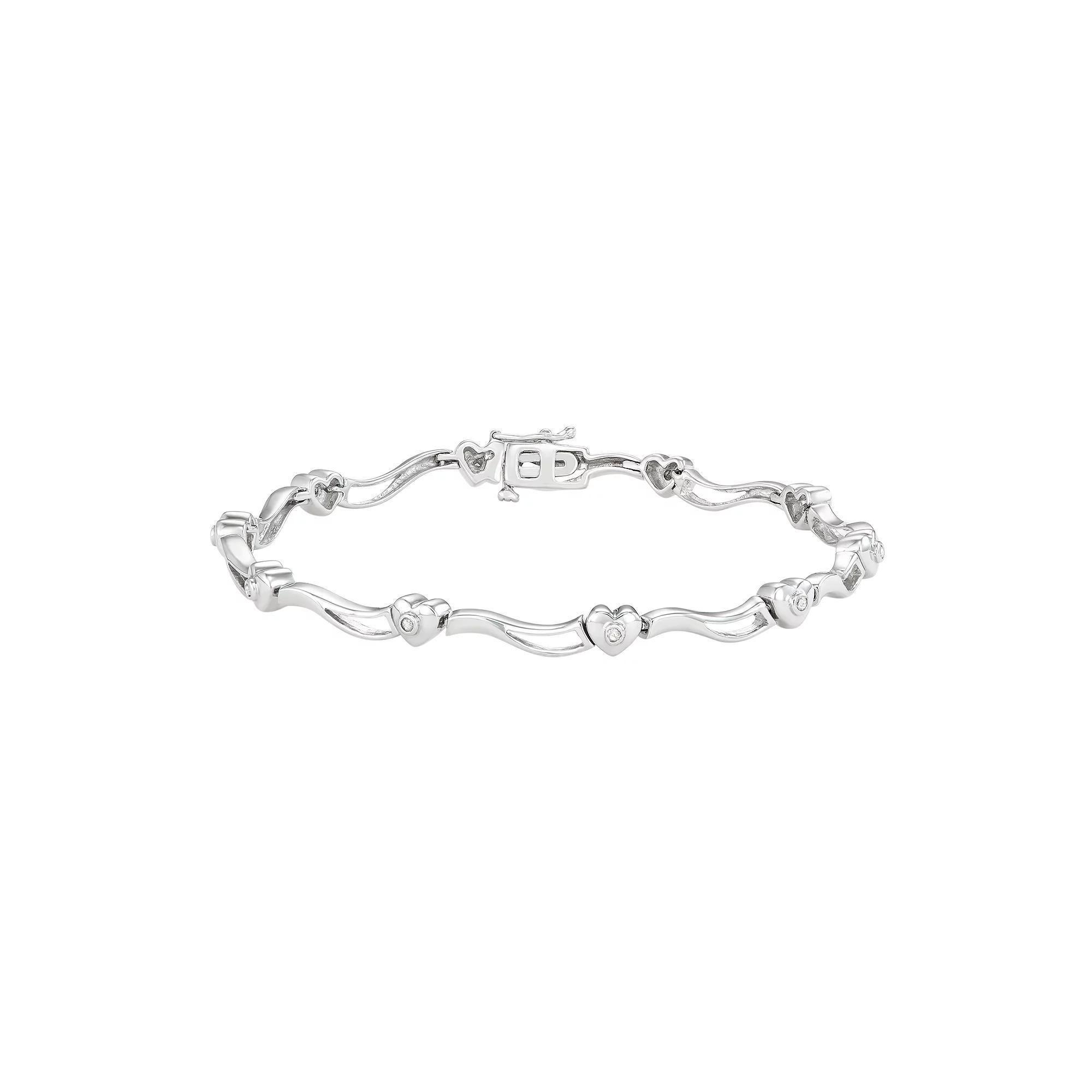 Sterling Silver 1/10 Carat T.W. Diamond Heart Bracelet, Women's, Size: 7", White Product Image