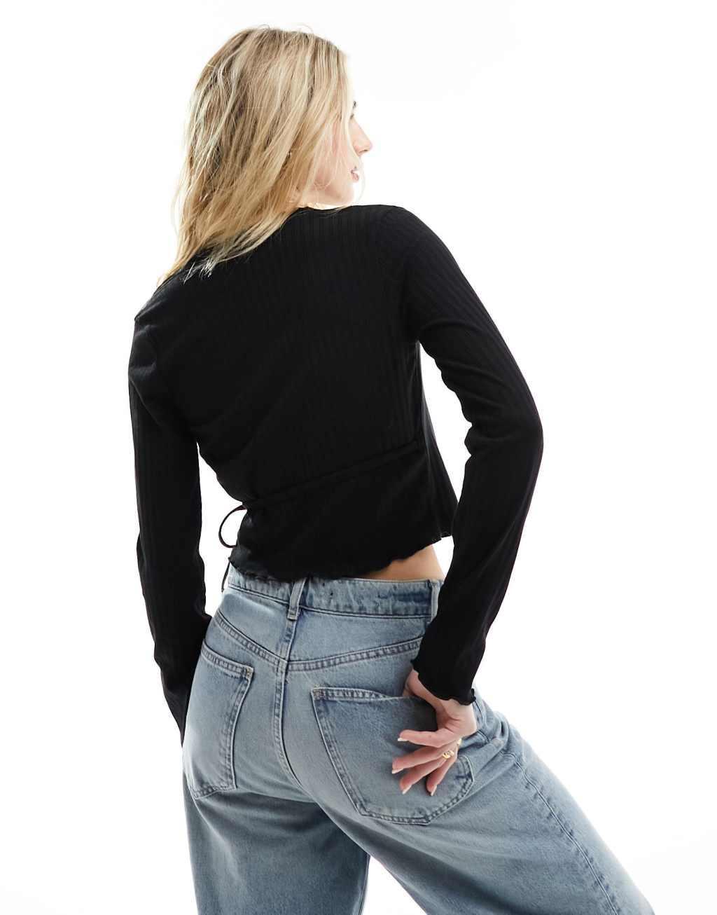 Miss Selfridge wrap rib top with lace trim detail Product Image