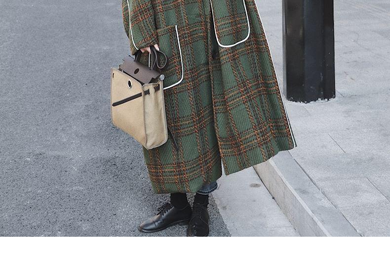 Plaid Contrast Trim Hooded Long Coat Product Image