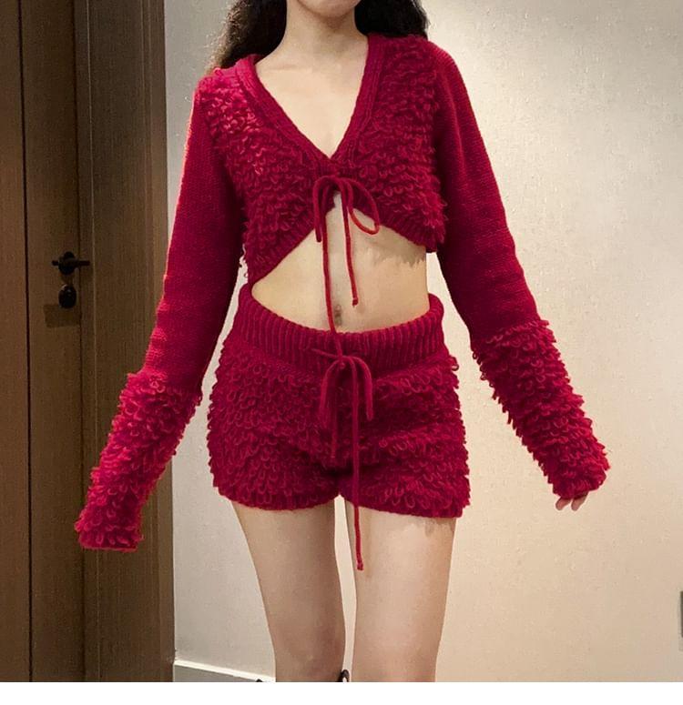 V-Neck Plain Cropped Cardigan / Drawstring Waist Knit Hot Pants Product Image