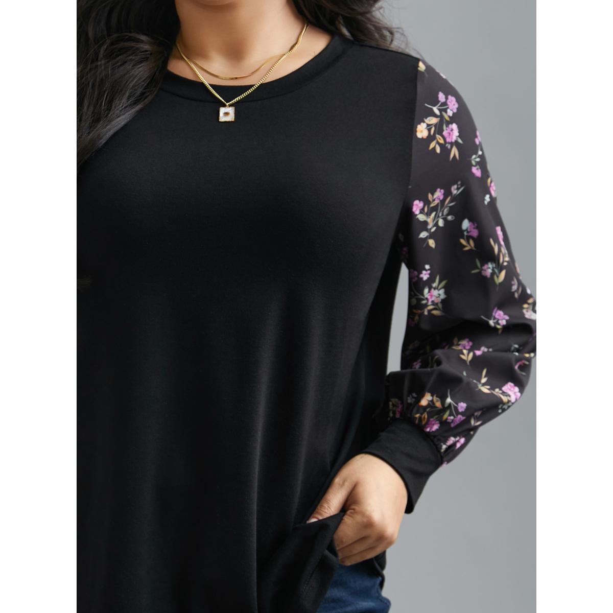 Plus Size Floral Spliced Sleeve Stretchy T-Shirt Black Women Elegant Contrast Natural Flowers Round Neck Everyday T-shirts BloomChic 12/L Product Image