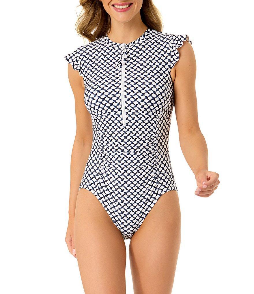 Anne Cole Neo Geo Crew Neck Flutter Sleeves Zip Front One Piece Swimsuit Product Image