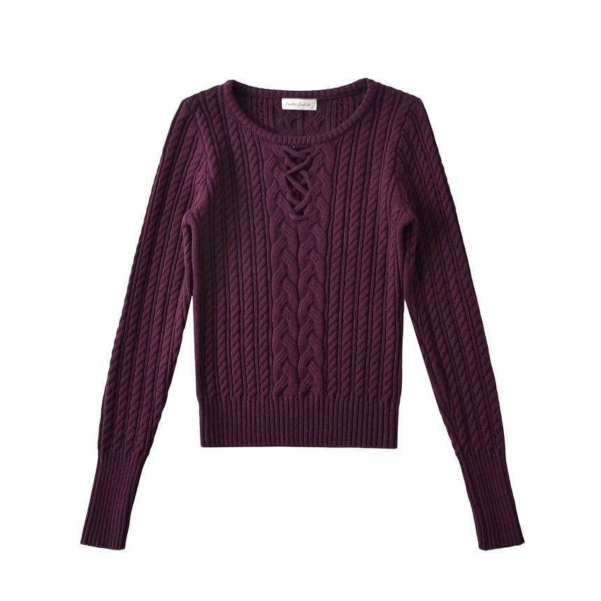 Long Sleeve Crew Neck Cropped Cable Knit Top Product Image