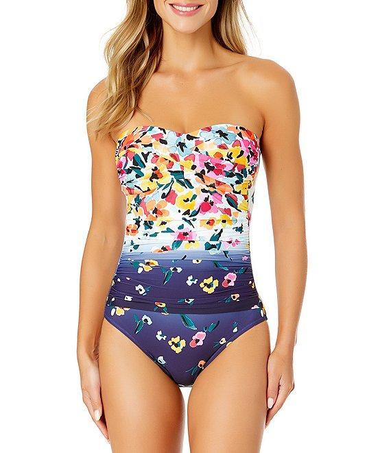 Anne Cole Gradient Floral Twist Front Shirred Sweetheart Neck Underwire Bandeau One Piece Swimsuit Product Image