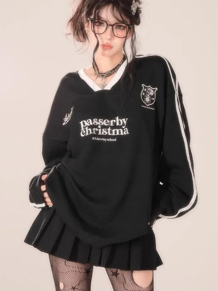 Long Sleeve V-Neck Contrast-Trim Lettering Print Striped Loose-Fit Pullover Product Image