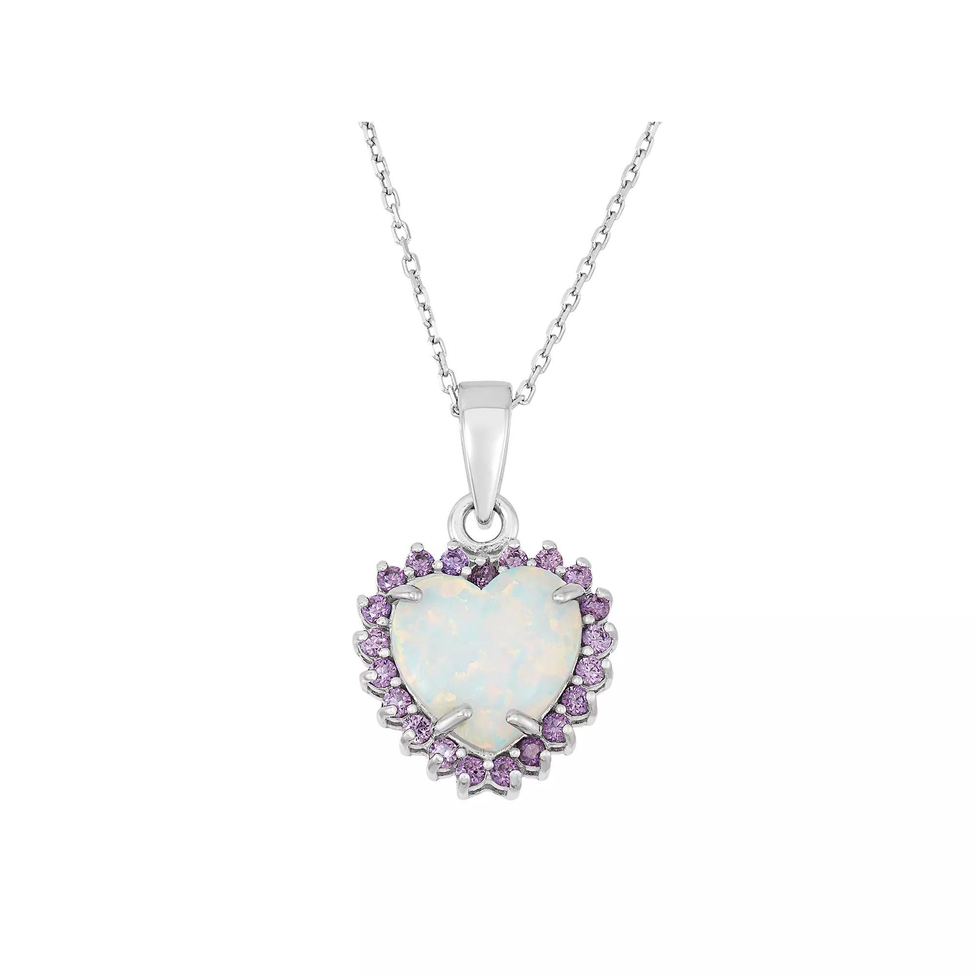 Sterling Silver Lab-Created Opal & Cubic Zirconia Heart Halo Pendant, Women's, Size: 18", Purple Product Image