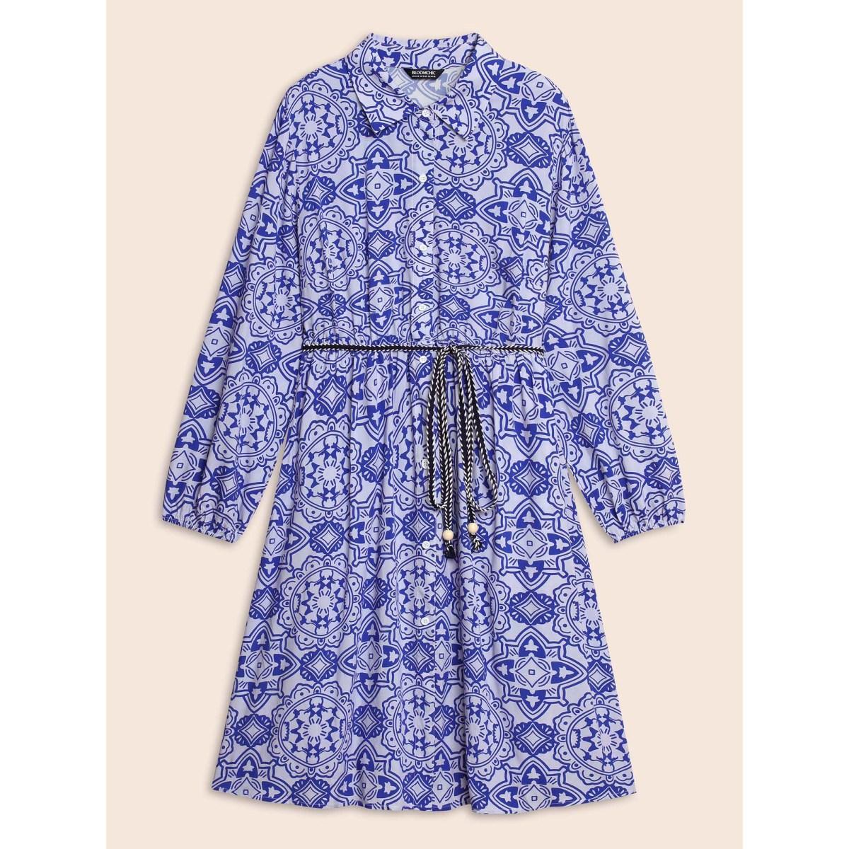 Plus Size Bandana Print Shirt Collar Belted Midi Dress Cerulean Women Cocktail Belted Shirt collar Long Sleeve Curvy BloomChic 26/4X Product Image