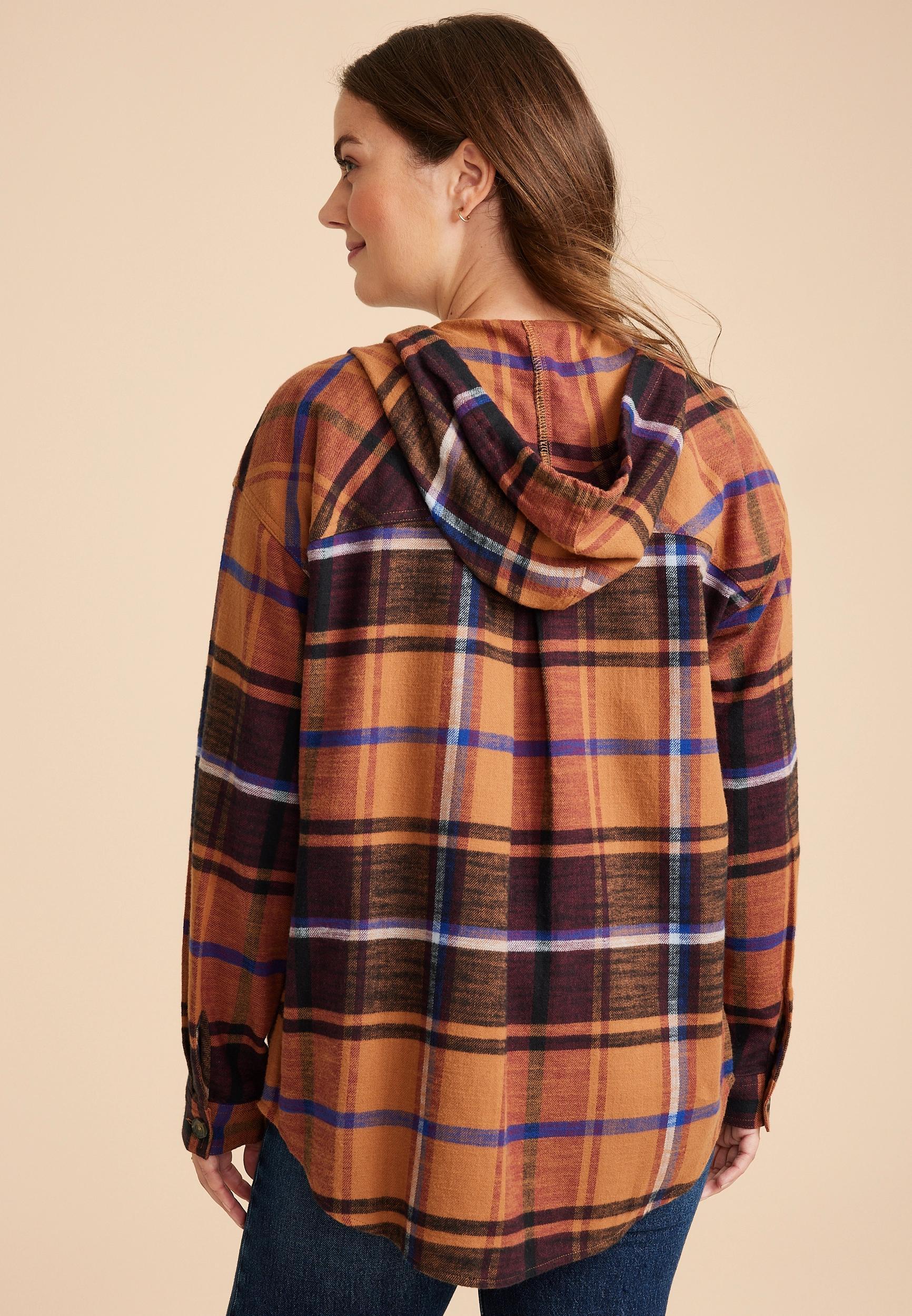 Maurices Womens Cabin Plaid Boyfriend Hooded Button Down Shirt Brown Size X Small Product Image