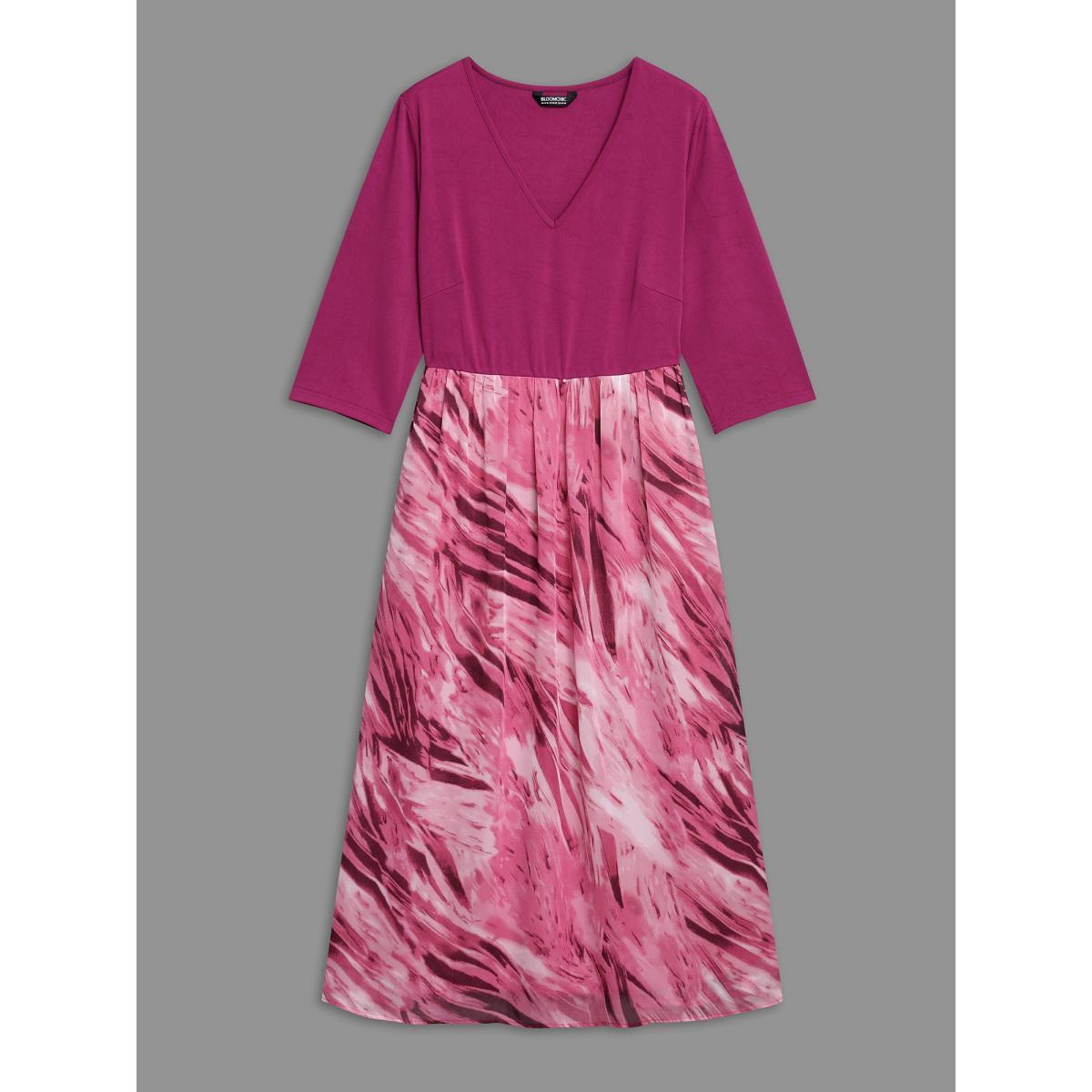Plus Size Abstract Print Spliced V-Neck Midi Dress Rosered Women Elegant Patchwork V-neck Elbow-length sleeve Curvy BloomChic 22-24/3X Product Image