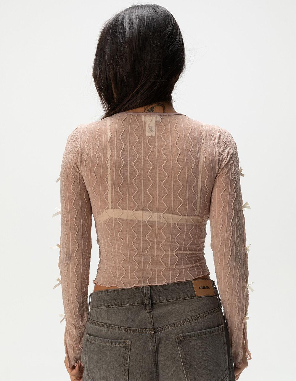 FULL TILT Textured Bow Womens Long Sleeve Top - IVORY Product Image