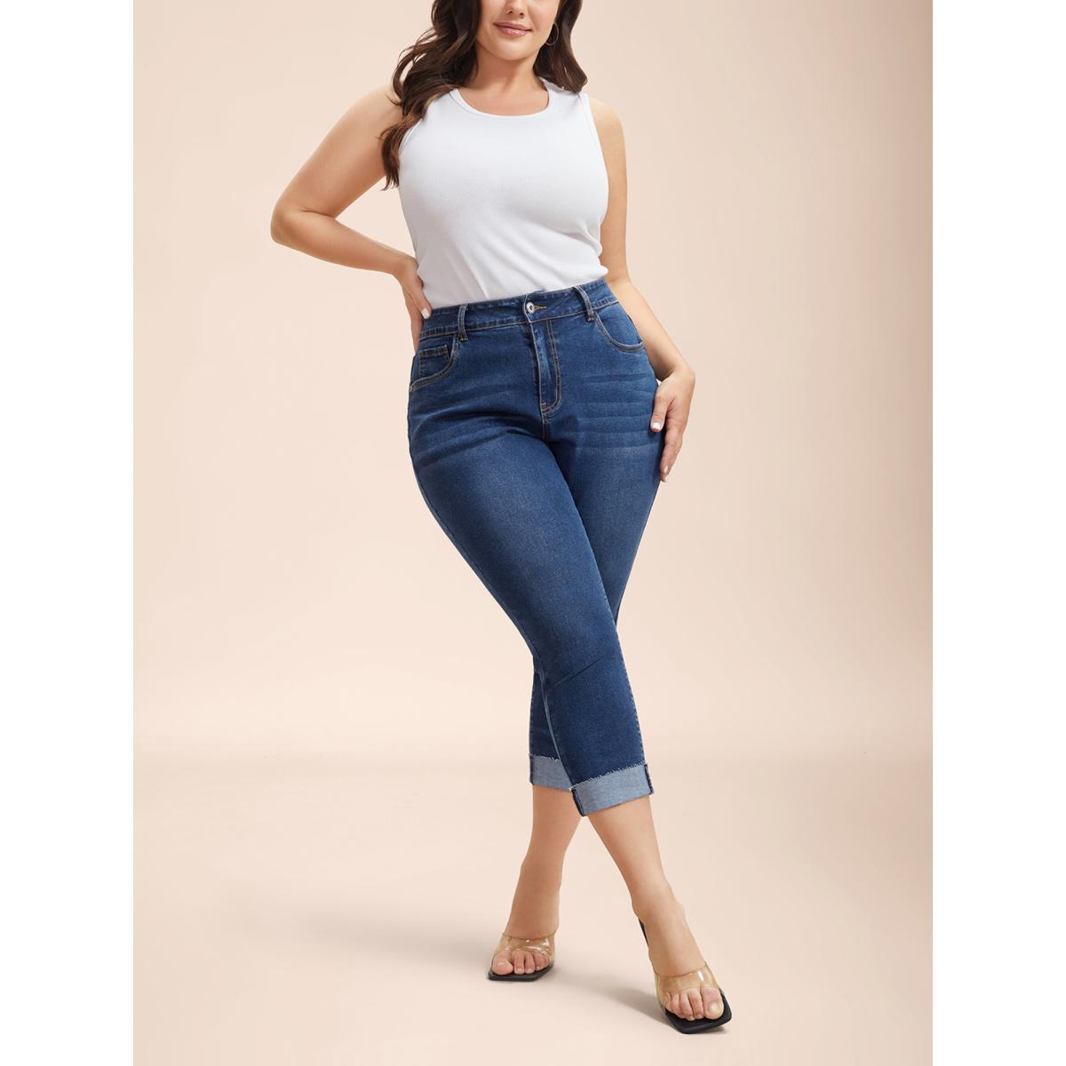Plus Size Whiskered Rolled Hem Slim-Fit Jeans Women Bluevintage Casual Medium stretch Slanted pocket Jeans BloomChic 12/L Product Image
