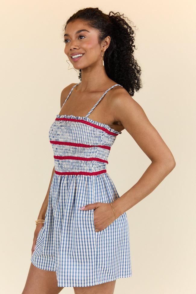 Simple Joy Smocked Seersucker Blue Plaid Romper FINAL SALE Product Image