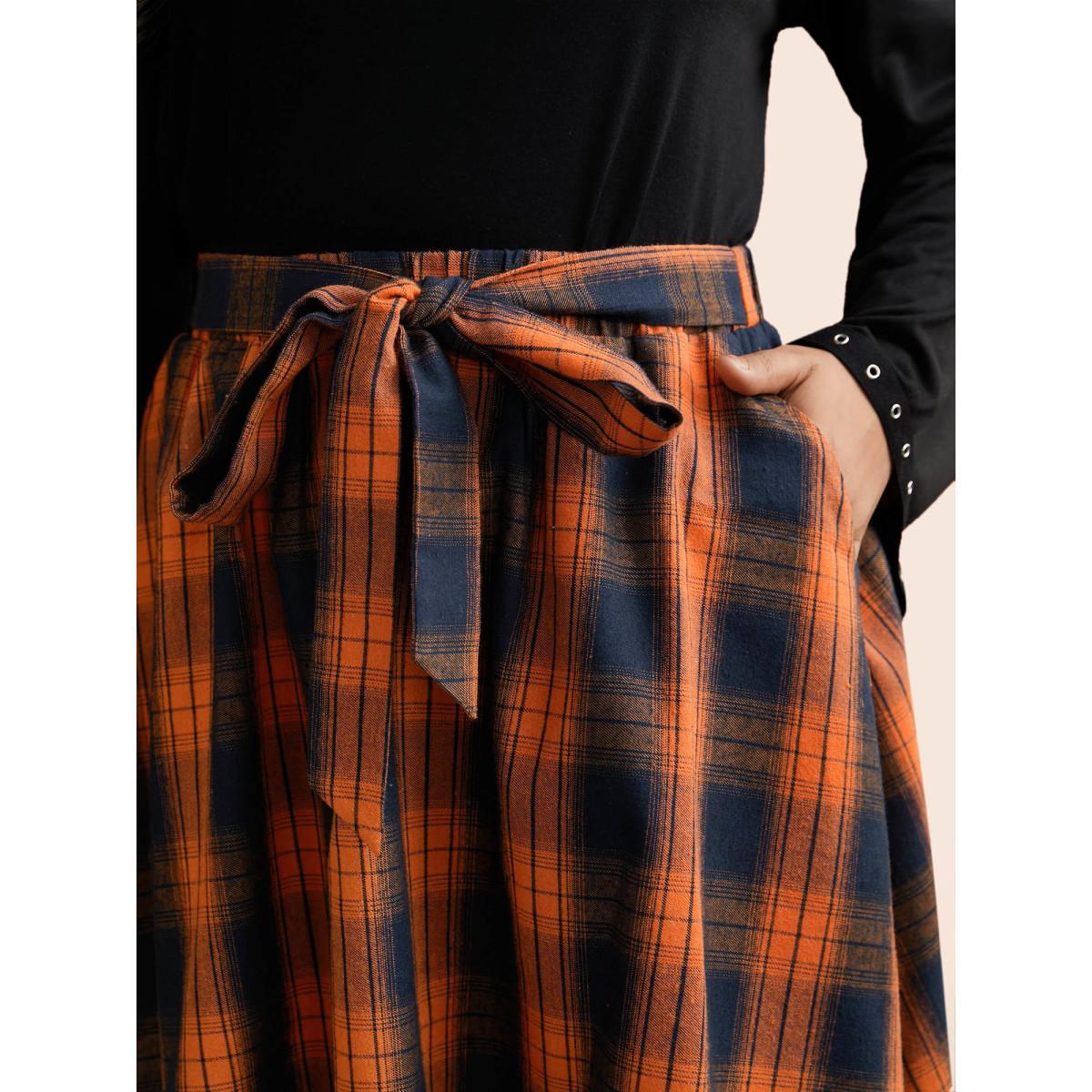 Plus Size Plaid Waist Tie A-Line Skirt Women Brightorange Elegant Tie knot No stretch Slanted pocket Belt Everyday Skirts BloomChic 18-20/2X Product Image