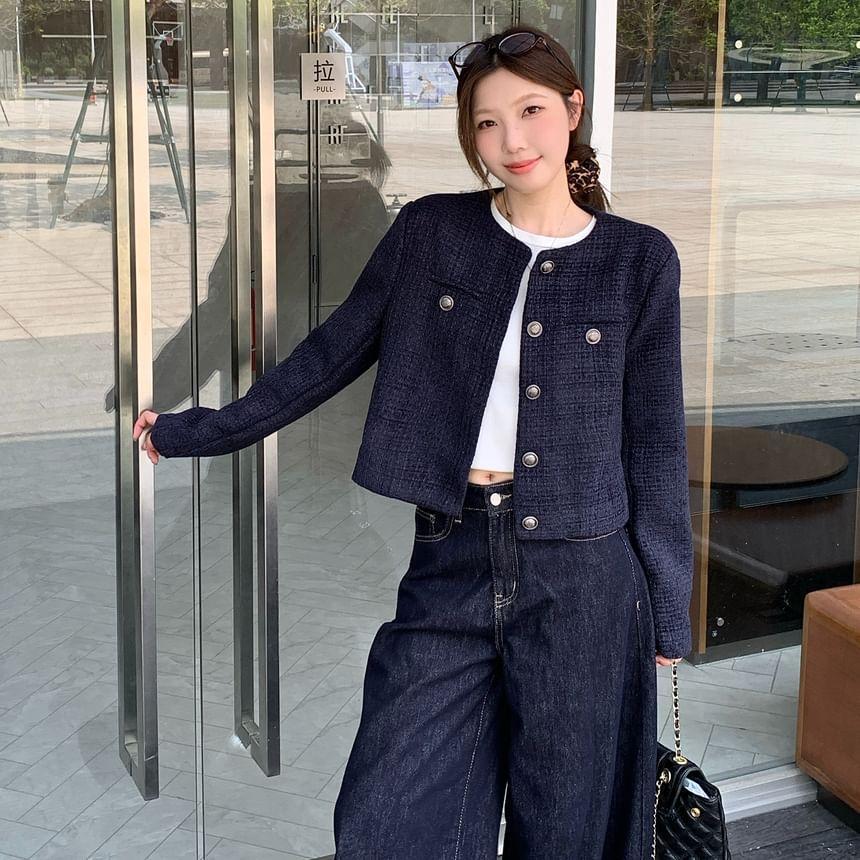 Round Neck Tweed Button Jacket Product Image