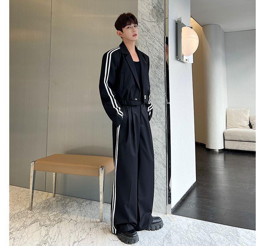 Set: Striped Cropped Blazer + High Waist Wide Leg Pants Product Image