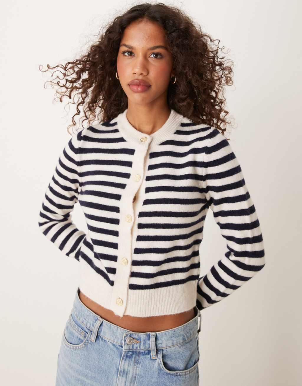 Mango stripe gold button fluffy cardigan in white Product Image