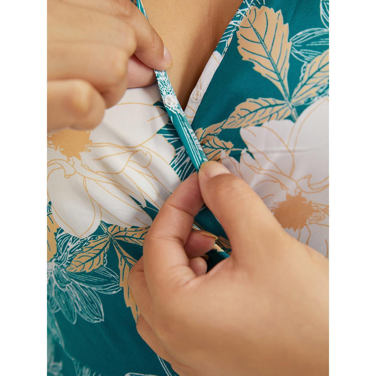 Plus Size Floral Print Wrap Tassel Trim Lantern Sleeve Dress Cerulean Women Elegant Elastic cuffs V-neck Long Sleeve Curvy Midi Dress BloomChic 14-16/1X Product Image