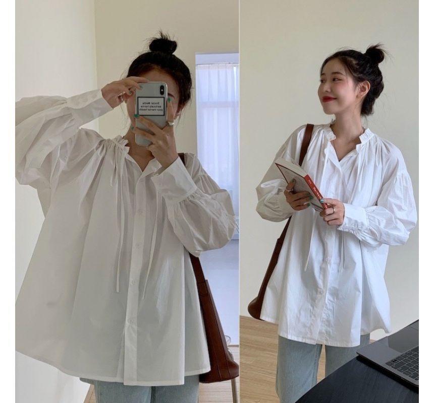 Puff-Sleeve Crew Neck Plain Ruffled Blouse Product Image