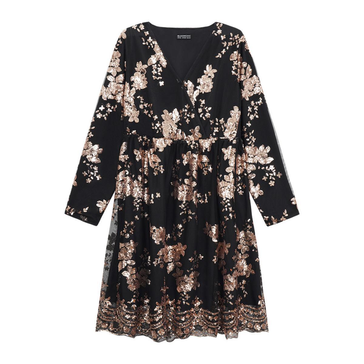 Plus Size Floral Sequin Elastic Waist Mesh Wrap Dress Black Women Party Sequin Overlap Collar Long Sleeve Curvy Midi Dress BloomChic 30/6X Product Image