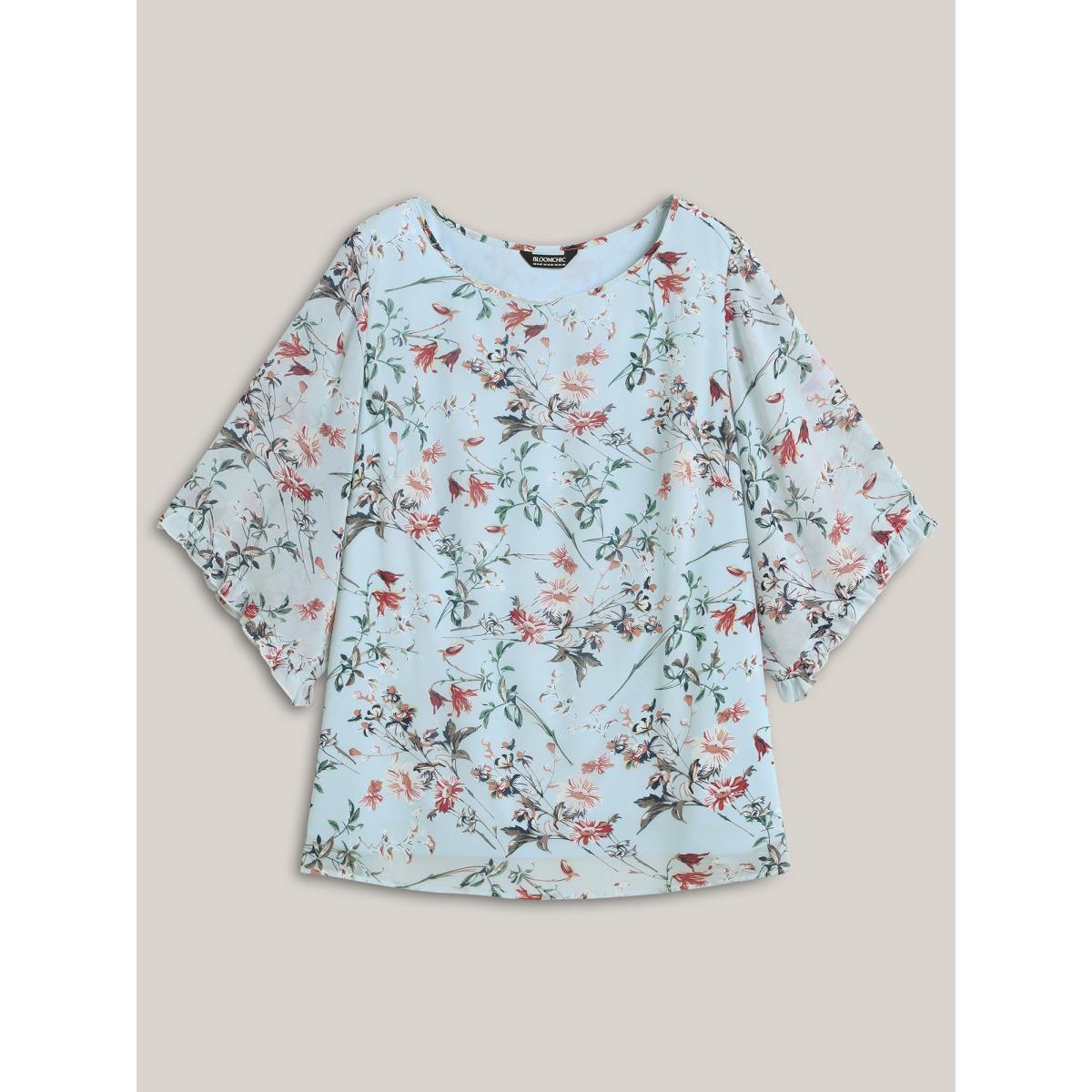 Plus Size LightBlue Chiffon Floral Print Flowy Blouse Women Elbow-length sleeve Boat Neck Everyday-Elegant Blouses BloomChic 18-20/2X Product Image