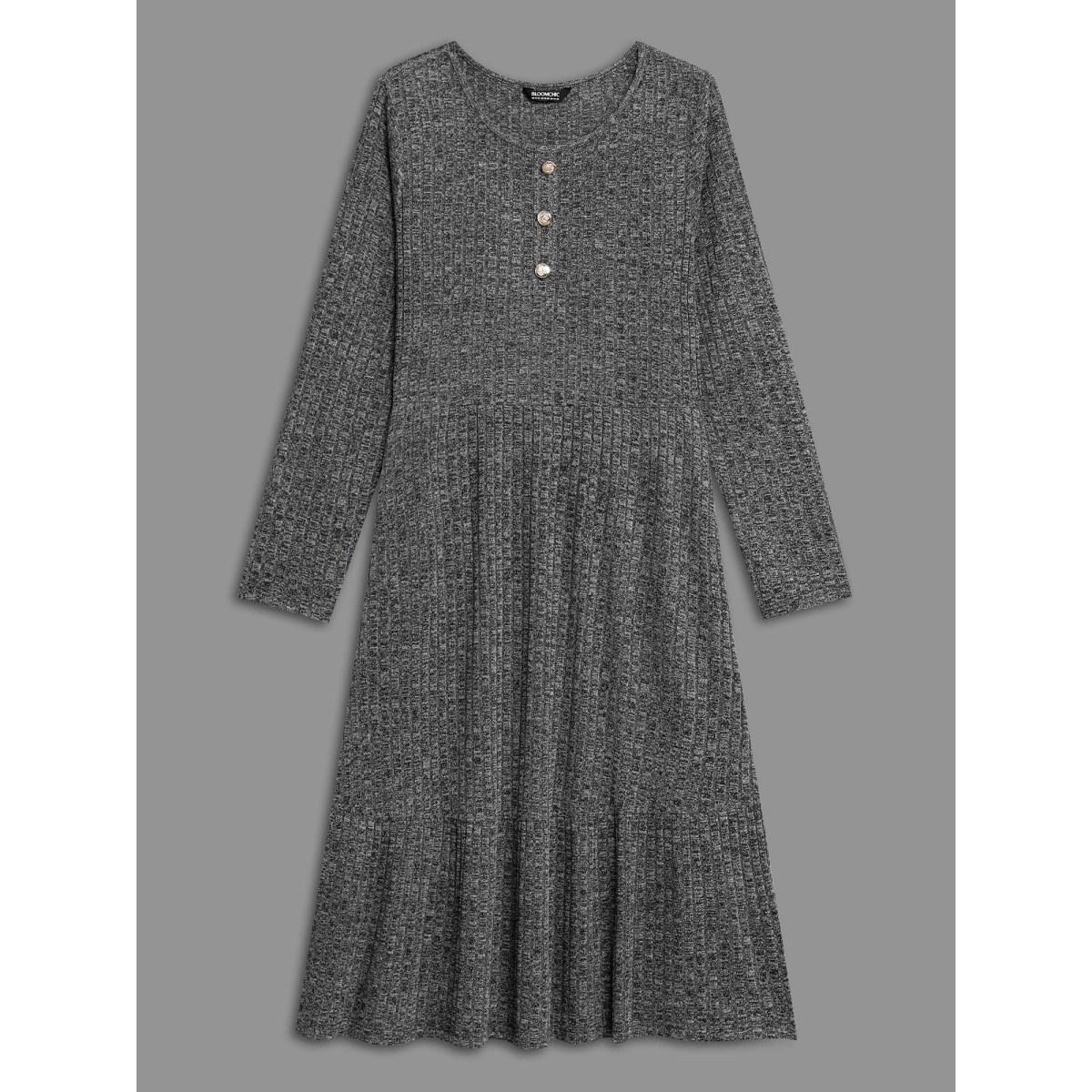 Plus Size Crew Neck Rib Knit Button Detail Dress DimGray Women Casual Texture Knit Dresses Bloomchic 14-16/1X Product Image