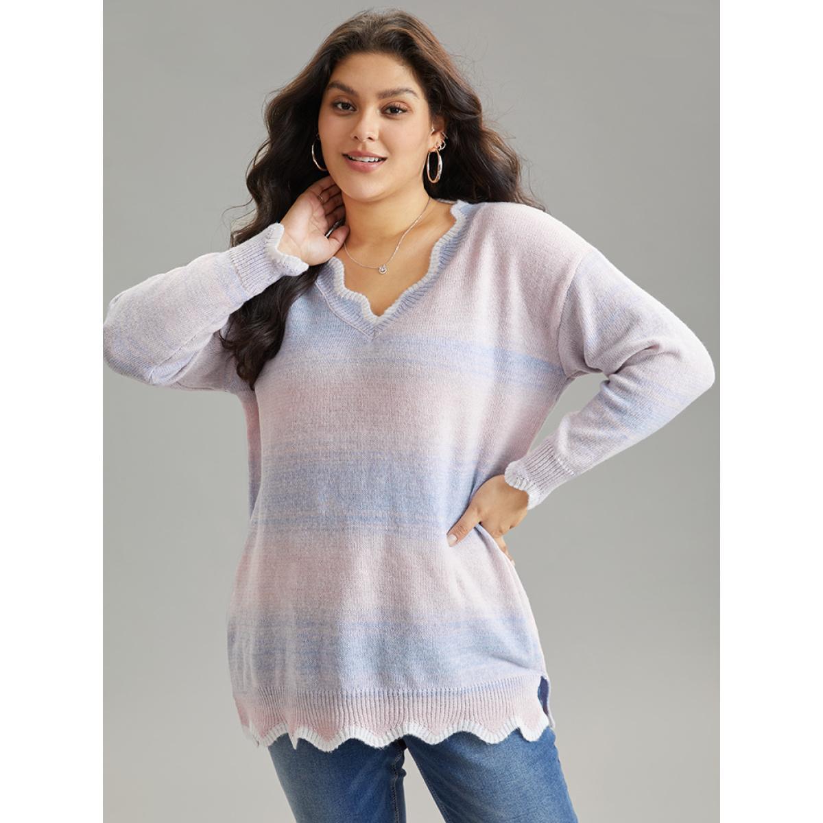 Plus Size Anti-Pilling Ombre Heather Scalloped Trim Pullover Crepe Women Casual Loose Long Sleeve V-neck Dailywear Pullovers BloomChic 14-16/1X Product Image