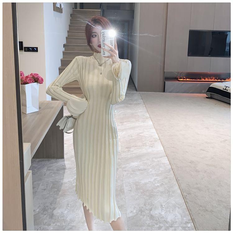 Long Sleeve Petal Cuff Mock Neck Plain Ribbed Midi Sheath Sweater Dress Product Image